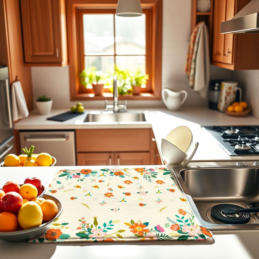 Yellow Floral Large Dish Drying Mats, Reversible Dish Drying Pads for Kitchen Counter Hanging on the Wall,18"x24" Extra Large Draining Mat Protect for Kitchen,Bar Counter,Coffee Make