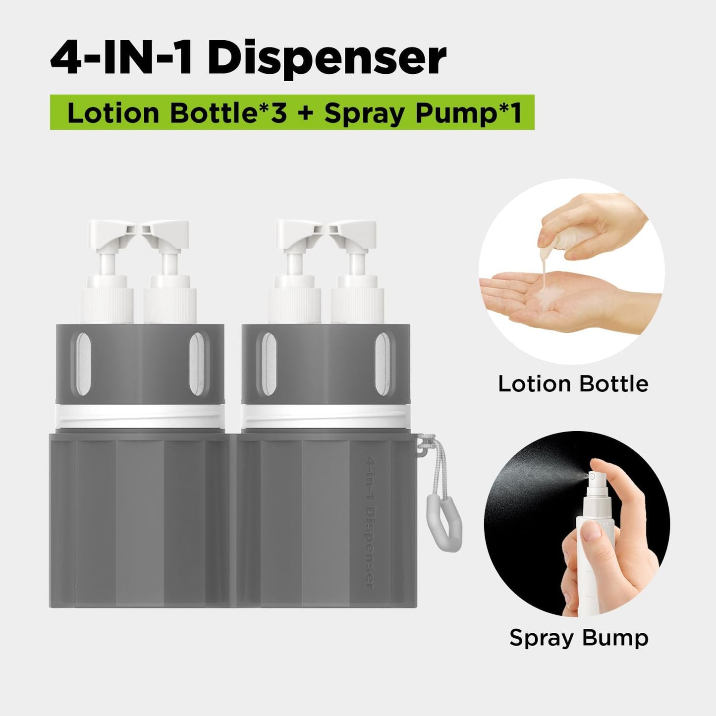 4 in 1 Travel Toiletry Containers,TSA Approved Refillable Travel Size Toiletries Bottles Set with Suction Cup for Smooth Walls - for Shampoo,Conditioner,Body Wash,Lotion.(Grey)