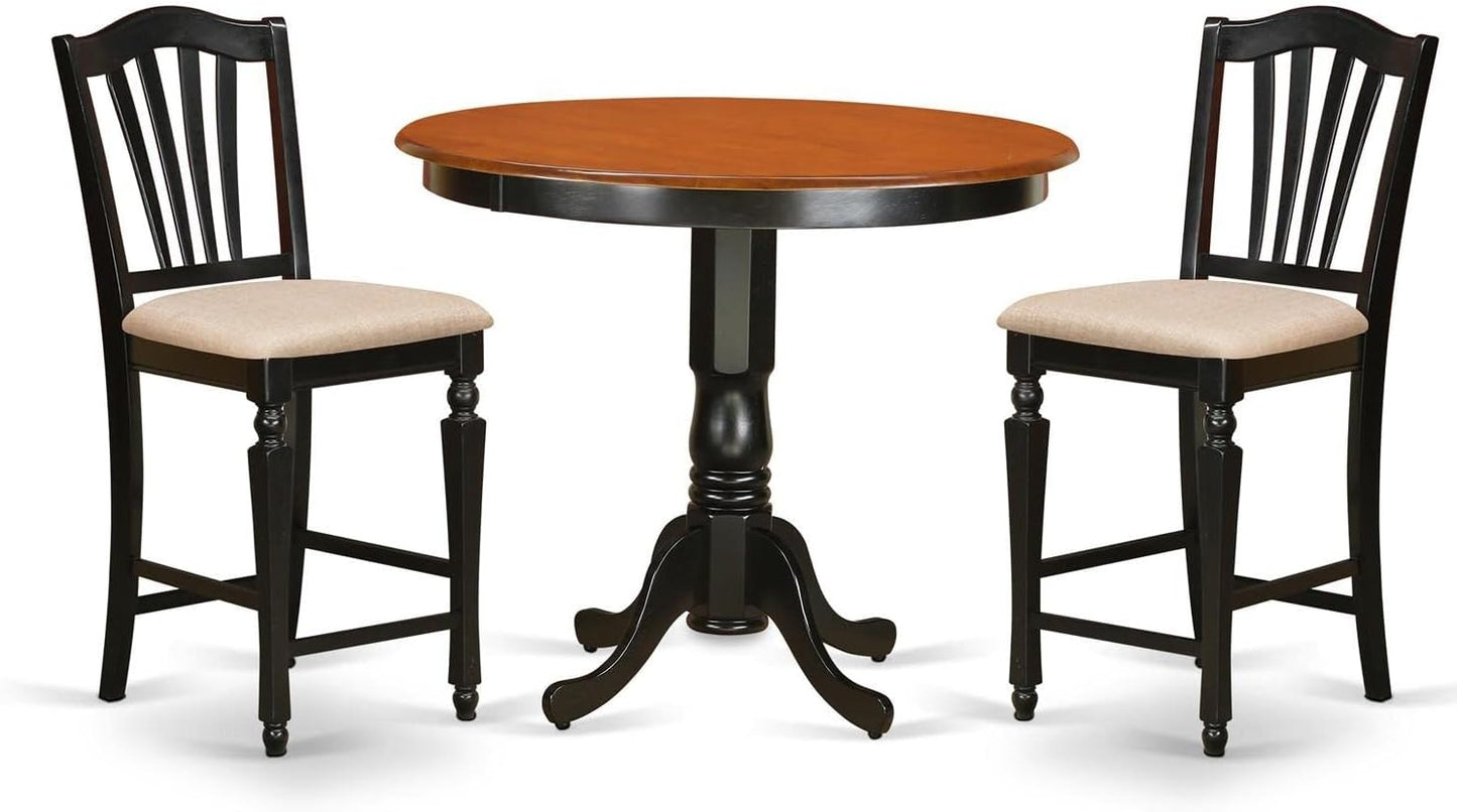 East West Furniture TRCH3-BLK-C 3 Piece Counter Height Dining Set for Small Spaces Contains a Round Kitchen Table and 2 Linen Fabric Dining Room Chairs, 42x42 Inch, Black & Cherry