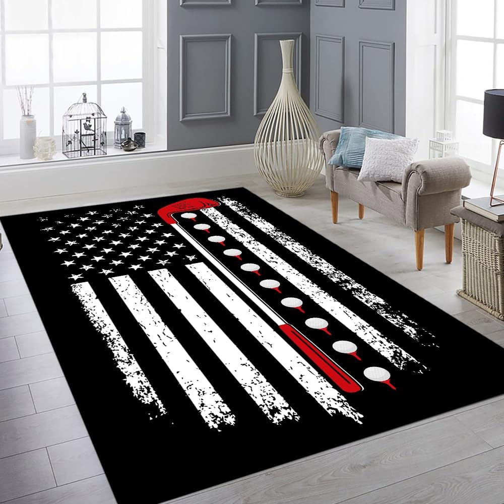 Custom Golf Area Rug, Golf Rugs for Living Room, Non Slip Area Mat Rugs for Office Living Room Indoor, Golf Carpet Floor Mat Indoor for Boys Golf Home Decor (Golf Black Background)