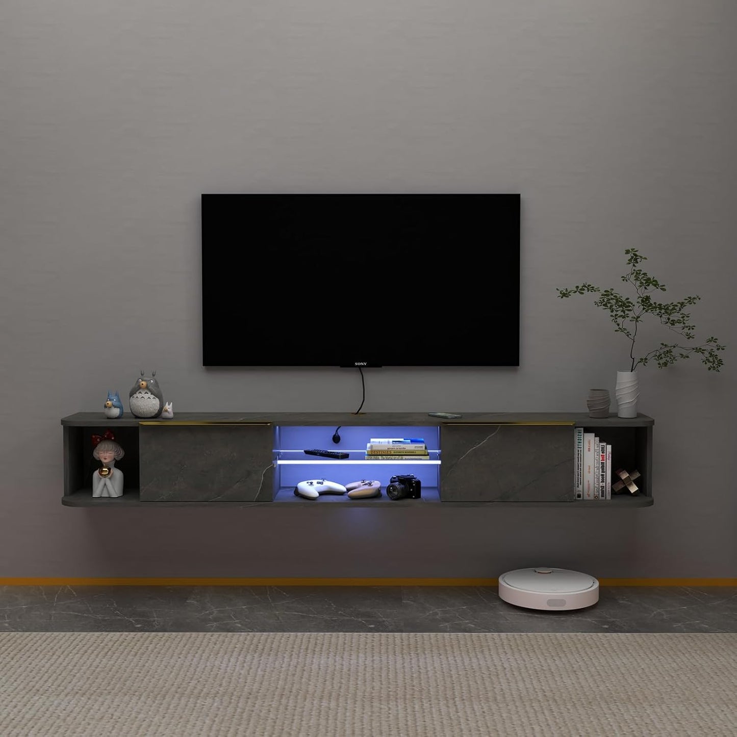 Pmnianhua LED Floating TV Stand with 2 Drawers for 80 inch TV,78'' Floating TV Shelf with LED Lights,Wall Mounted TV Console,Floating Shelf for Under TV (Dark Grey)