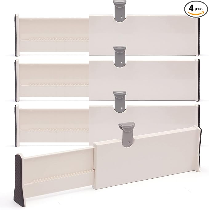 DIOMMELL 4 Pack Adjustable Dresser Drawer Dividers Organizers, Plastic Expandable Drawer Organization Separators for Kitchen, Bedroom, Closet, Bathroom and Office Drawers