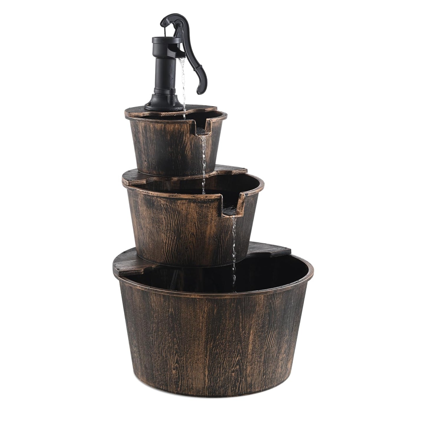 3-Tier Freestanding Rustic Barrel Waterfall Fountain,40-Inch Wood Outdoor Water Fountain with Pump for Garden,Patio, Backyard and Porch