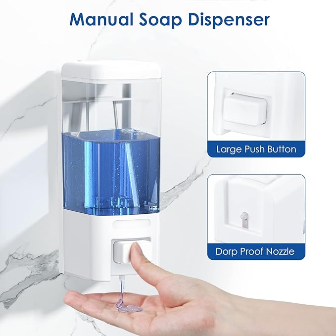 Manual Soap Dispenser, 17oz/500ml Wall Mount Soap Pump, Large Capacity Kitchen Bathroom Hand Soap Dispenser, Commercial Refillable Shampoo Shower Gel Lotion Dispenser, White