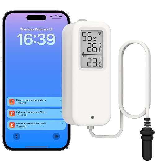 Daytech Freezer Thermometer with Room Thermometer and Freezer Alarm 2in1 WiFi Temperature Sensor with App and Email Alerts for Fridge Fish Tank Pet Cage Wine Cellar Greenhouse 1 Pack (No Hub Required)