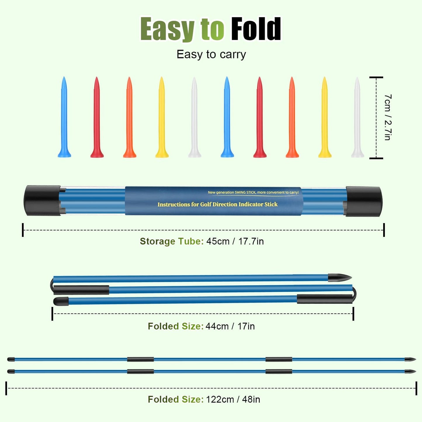 Golf Alignment Sticks 2 Pack, 48″Collapsible Practice Rods for Aiming/Putting, Golf Training Aid for Swing Trainer with Clear Tube Case, Foldable Training Rods with 10 Golf Tees