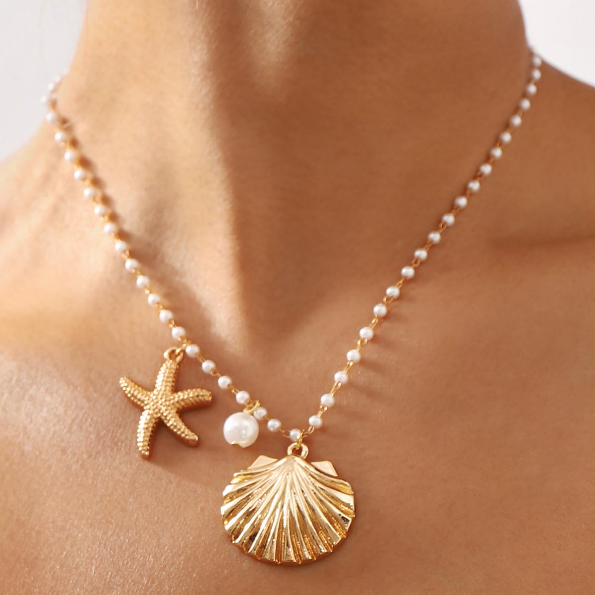 Starfish Necklace Gold Beach Jewelry for Women Pearl Seashell Necklace Cowrie Shell Beach Necklaces Ocean Summer Starfish Jewelry (5 - gold)