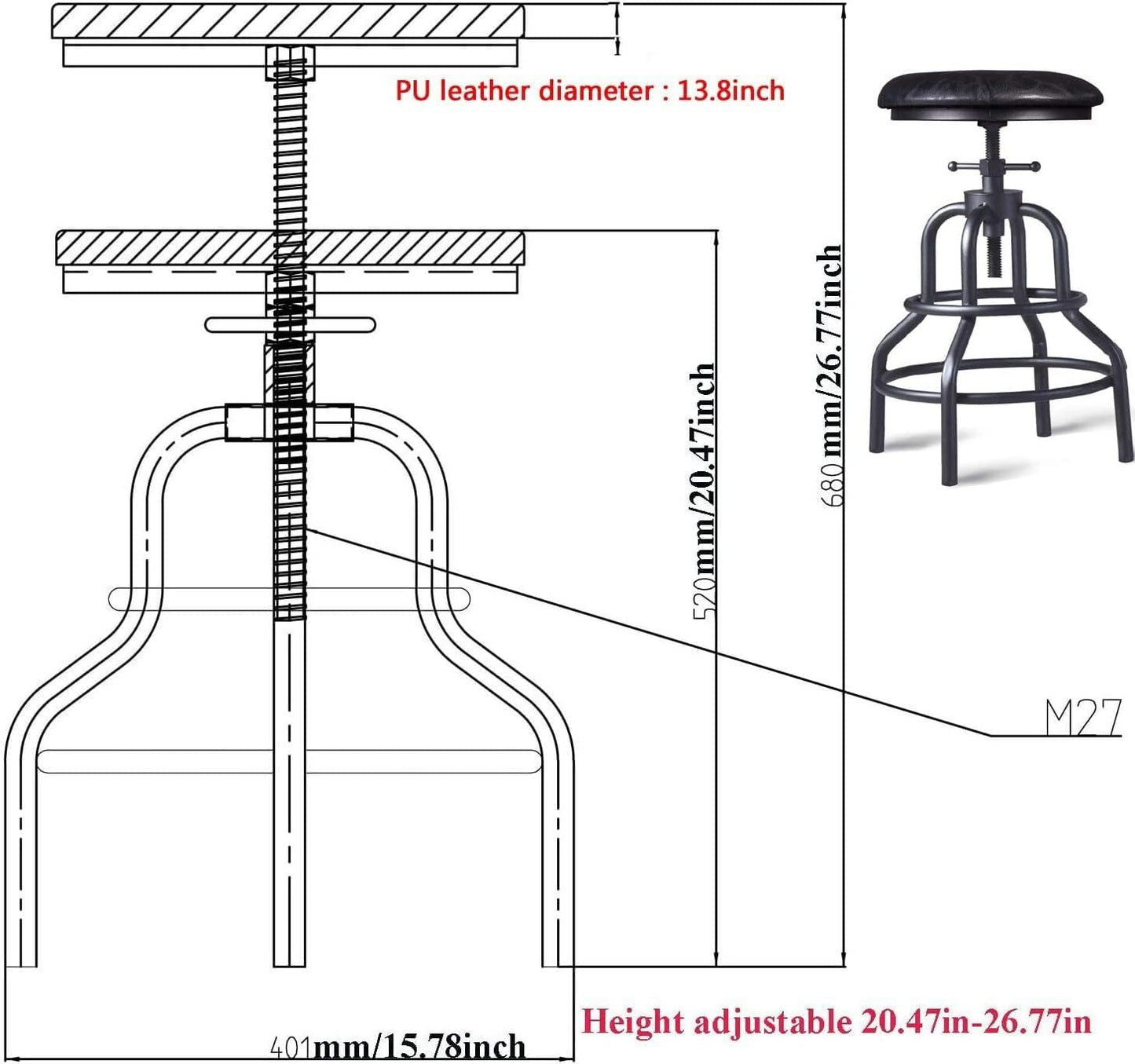 Diwhy Industrial Vintage Counter Stool, Kitchen Counter Height Adjustable Swivel Chair, Metal Frame Stool, 20.47-26.77 Inch, Fully Welded Base, Black PU Upholstered, Set of 2