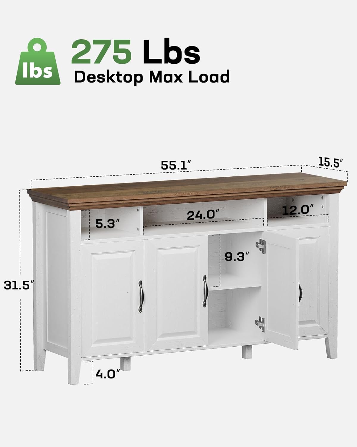 Marsail Sideboard Buffet Cabinet with Storage, 55" Farmhouse Kitchen Buffet Bar Table 4 Door Storage Cabinets for Dining Room Furniture, Brown & White