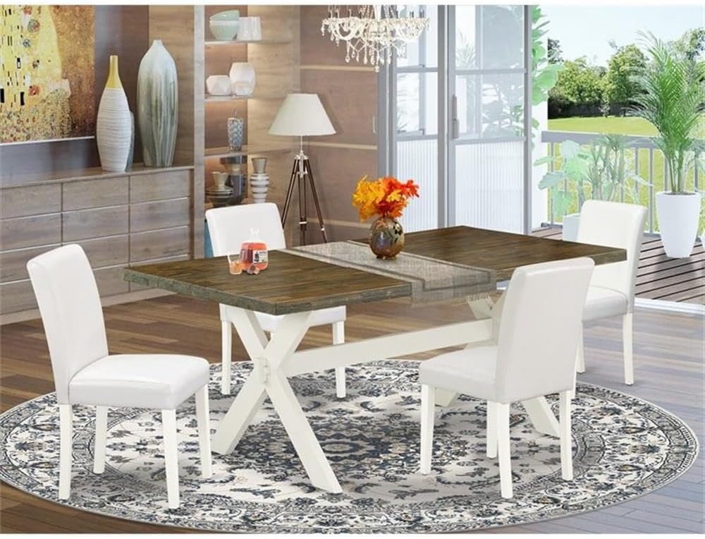East West Furniture X077AB264-5 5 Piece Modern Dining Table Set Includes a Rectangle Wooden Table with X-Legs and 4 White Faux Leather Parsons Dining Chairs, 40x72 Inch, Multi-Color