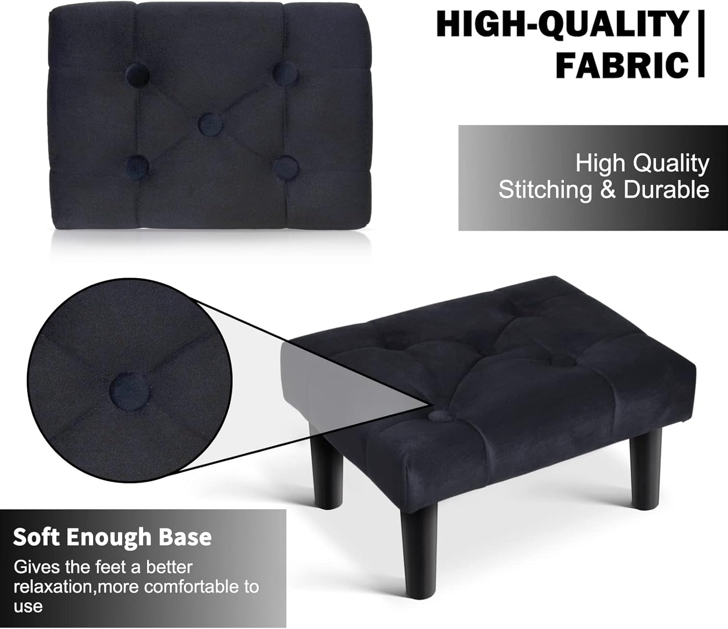 HOUCHICS Small Footstool Ottoman,Velvet Soft Footrest Ottoman with Wood Legs,Sofa Footrest Extra Seating for Living Room Entryway Office(Black 2PACK)