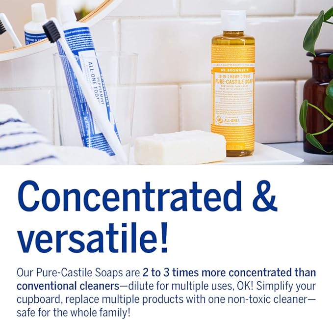 Dr. Bronner's - Pure-Castile Liquid Soap (Citrus, 8 ounce) - Made with Organic Oils, 18-in-1 Uses: Face, Body, Hair, Laundry, Pets and Dishes, Concentrated, Vegan, Non-GMO