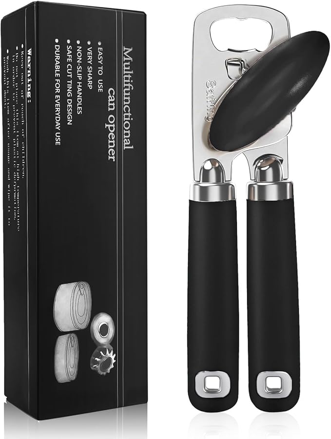 Can Opener Manual, Heavy Duty Stainless Steel Smooth Edge Can Opener With Soft Touch Handle, Oversized Handheld Easy Turn Knob, Multi-Function Bottle Opener, Black