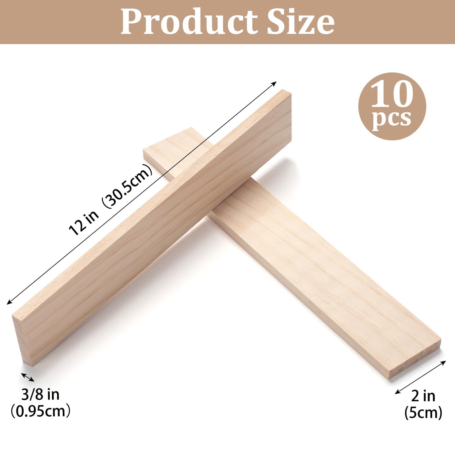 Wood Strips Slats Wooden Sticks for Crafts 3/8" × 2" × 12", 10 PCS Thin Wood Planks Trim Lumber Support Flat Boards Pieces Square Wooden Dowel Rods for Crafting, Woodworking, Model Making