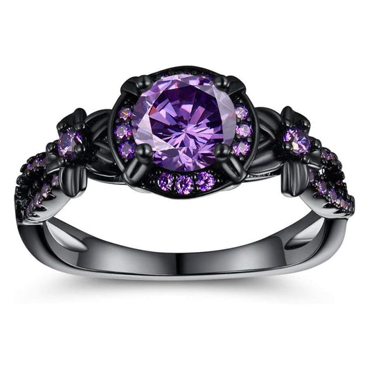 Synthetic Amethyst Ring for Women, 18K Black Gold Plated Vintage Purple CZ Stone Wedding Band Gemstone Engagement Ring, Available Sizes 5-10 (9)
