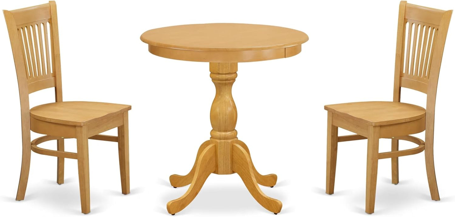 East West Furniture ESVA3-OAK-W 3 Piece Modern Dining Table Set Contains a Round Wooden Table with Pedestal and 2 Kitchen Dining Chairs, 30x30 Inch, Oak