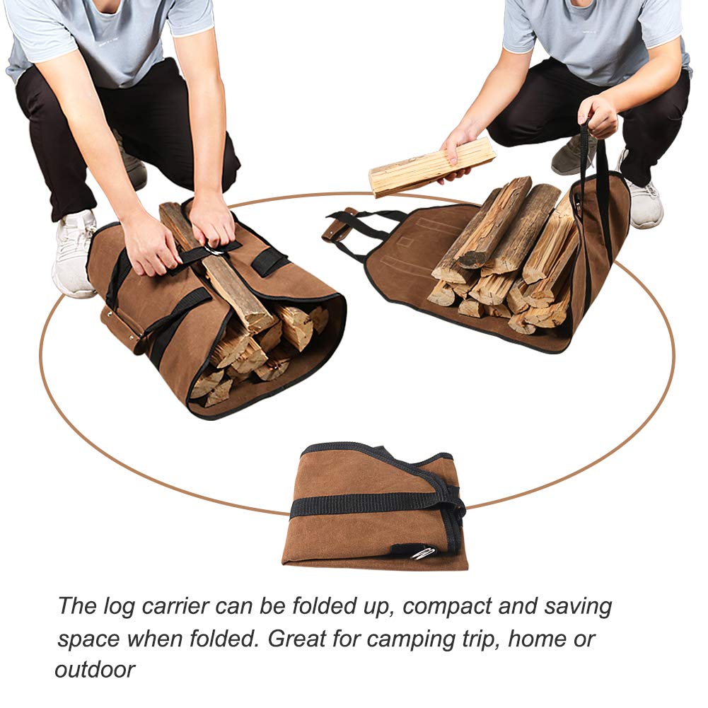 Tenn Well Firewood Carrier, 38in x 18in 16oz Waxed Canvas Log Carrier for Firewood, Wood Carrying Bag with Handles Securing Straps for Indoors Camping Trip, Gifts for Men Dad Husband (Brown)