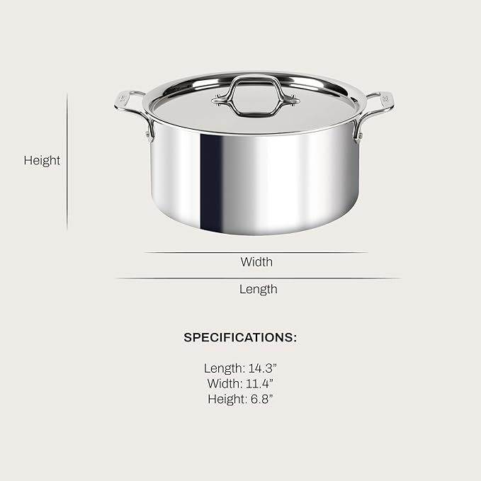 All-Clad D3 3-Ply Stainless Steel Stockpot with Lid 8 Quart, Induction, Oven Broiler Safe 600F, Silver