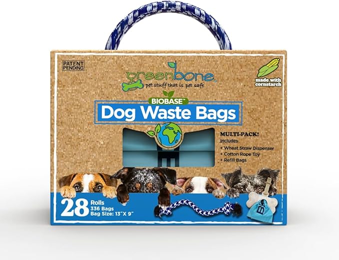Greenbone BioBase Blue Dog Poop Bag Refills: 28 Rolls - 336 Bags with Dispenser and Rope Toy Handle- Dog Gift Set
