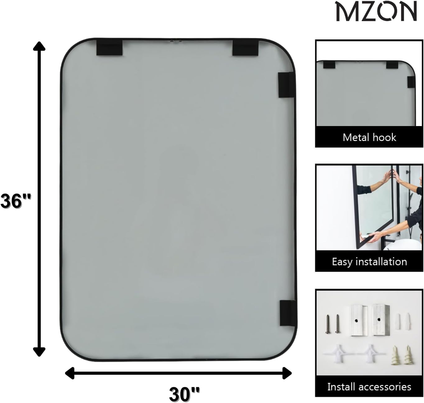 MZON 30x36 Inch Matte Black Wall Mirror, Large Rounded Rectangle Mirror for Living Room or Bathroom, Anti-Rust Frame & Tempered Glass, Horizontal/Vertical Mount - Luxe & Modern Wall Decor