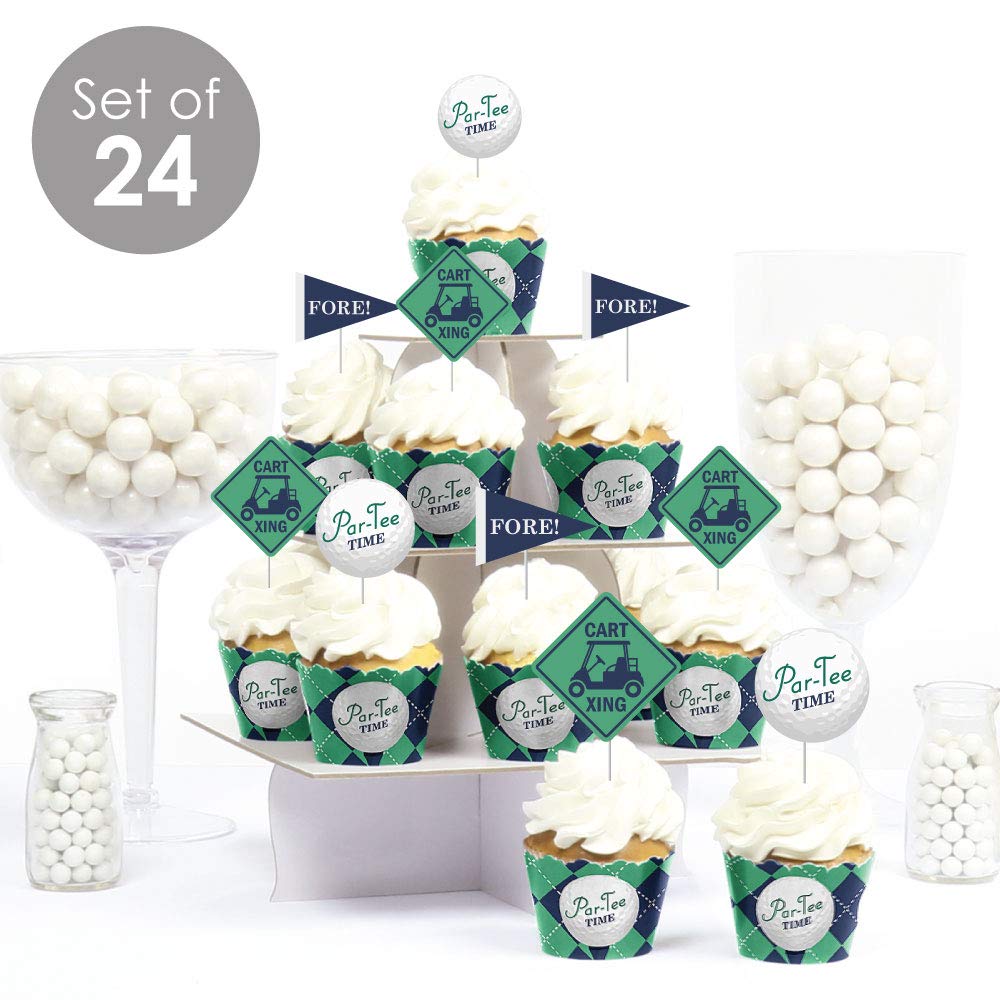 Big Dot of Happiness Par-Tee Time - Golf - Cupcake Decoration - Birthday or Retirement Party Cupcake Wrappers and Treat Picks Kit - Set of 24