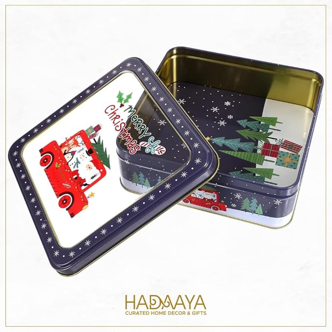 Metal Cookie Tin with Clear Lid – Square Multipurpose Storage Container for Cookies, Candy, Snacks, Chocolate Cake, Crafts – Ideal for Parties & Gift Giving – Merry Christmas Design