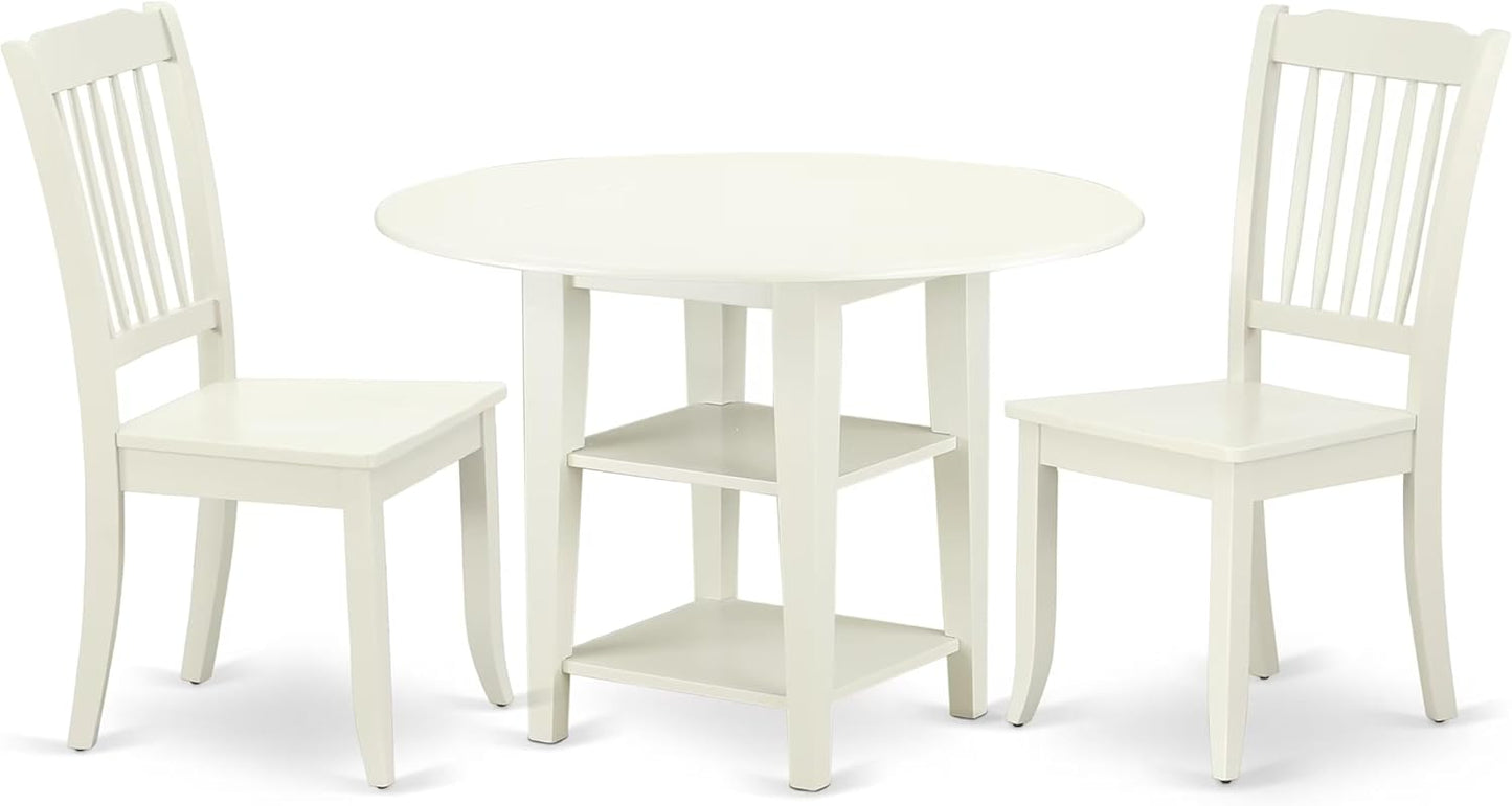 East West Furniture SUDA3-LWH-W 3 Piece Dining Room Table Set Contains a Round Dining Table with Dropleaf & Shelves and 2 Wood Seat Chairs, 42x42 Inch, Linen White