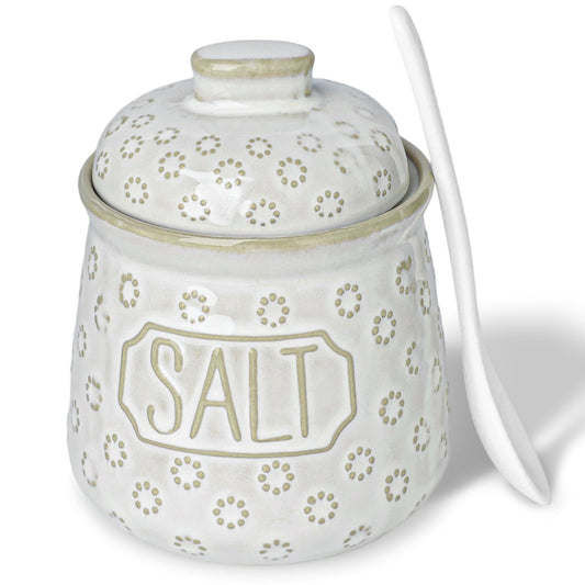 QUXIJA Salt & Pepper Bowl with Lid and Spoon, 10 OZ Ceramic Spices Cellar for Kitchen Counter top, Farmhouse Kitchen Decor (Vintage White, 4.3" Label Salt)