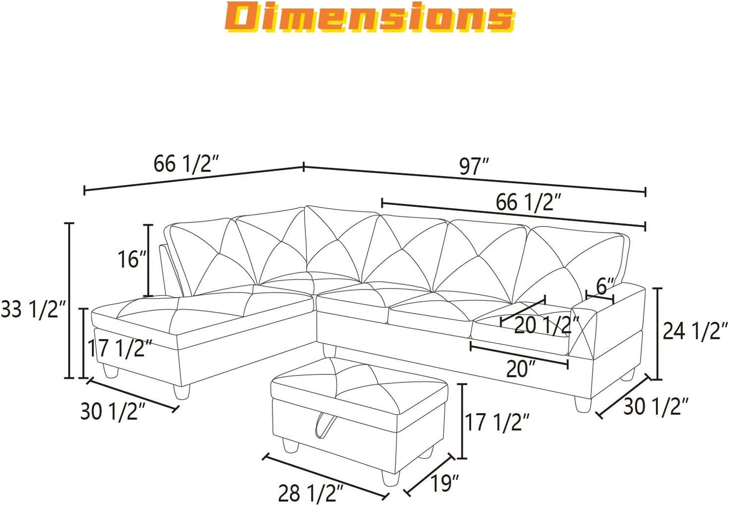 L Shaped Sectional Couch with Otttoman, 97" Sectional Sofa for Living Room Flannel Modular Couches with Cup Holders for Bedroom, Apartments, Dark Grey