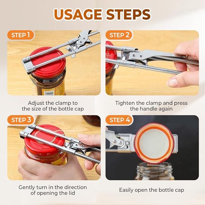 Adjustable Stainless Steel Jar Opener, 2026 New Multifunctional Stainless Steel Can Opener, Jar Lid Opener for Weak Hands, Manual Jar Lid Gripper Bottle Opener Kitchen Accessories(1PCS)