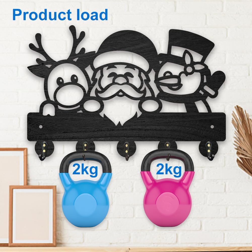 MAYJOYDIY Christmas Deer Santa Claus Snowman Coat Hooks Wood Key Holder for Wall 11.8×7.9inch Black Winter Key Hooks Rack 5 Alloy Hooks Christmas Home Decor Gifts Entryway Kitchen Bathroom Storage