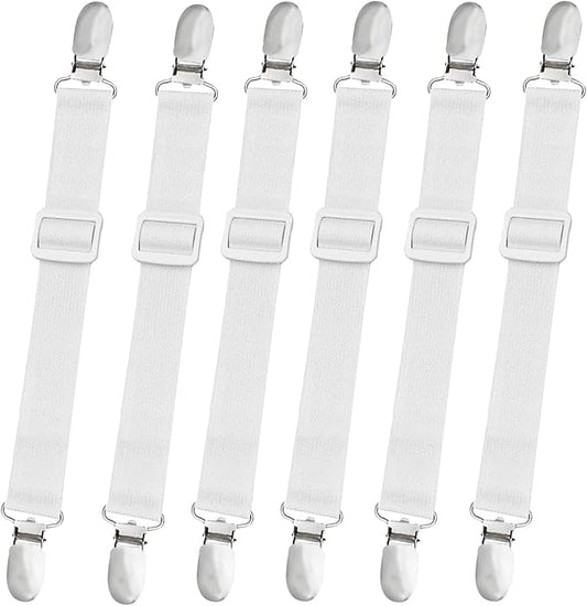8-Piece Adjustable Bed Sheet Straps - Elastic Fitted Sheet Holders, Universal Sheet Fasteners from 14 to 47 Inches, Mattress & Sofa Cushion Covers, White