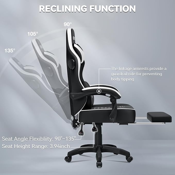 HOFFREE Gaming Chair with Speakers Massage Computer Gaming Chair with Pocket Spring Cushion for Adults Reclining Gamer Chair with Bluetooth Video Game Chairs with Footrest White and Black