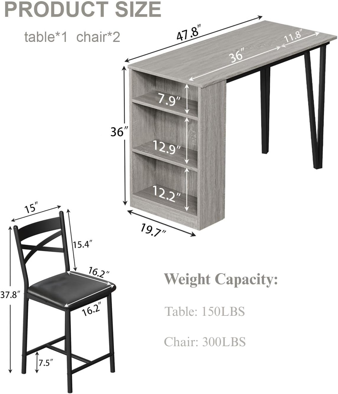 Garvee Bar Table and Chairs Set, 3 Piece Bar Table Set with with Flip Top Extension and Storage Shelves, Dining Table Set for 2, Suitable for Small Space Kitchen Apartment, Grey