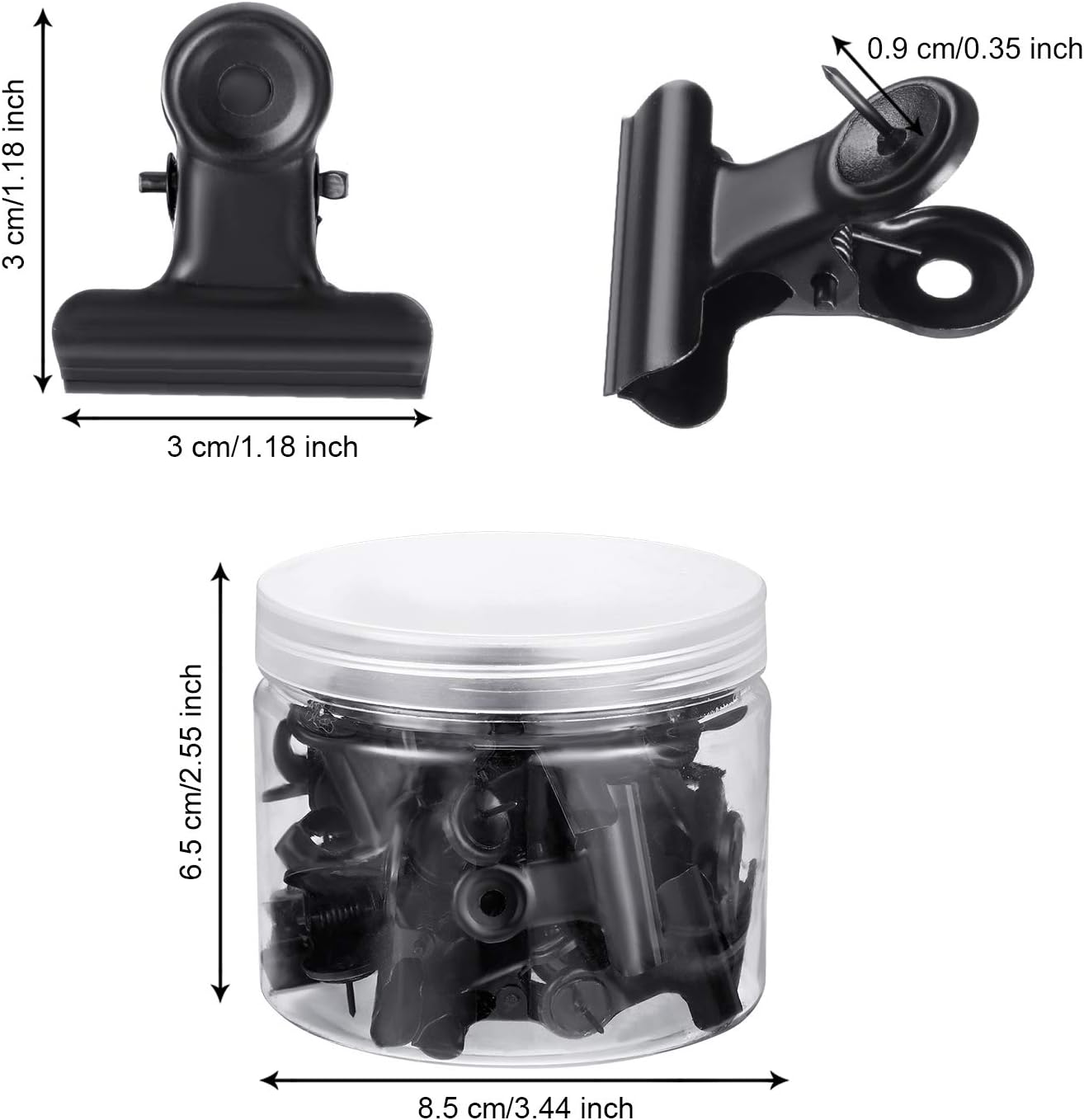 Outus 30 Pieces Push Pins Clips Thumb Tacks with Clips Cork Board Tacks for School Artworks Projects on Cork Photos Documents on Bulletin Board No Holes for The Paper(Black)