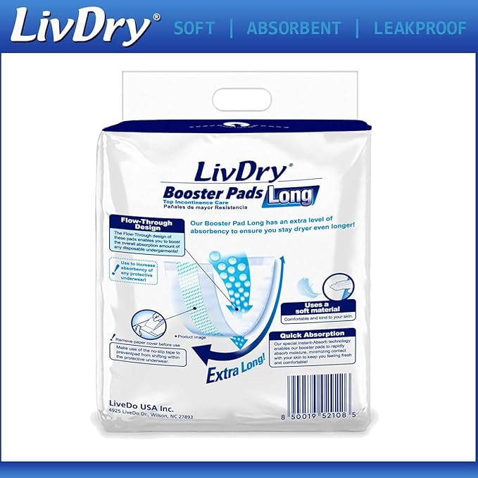 Incontinence Booster Pads by LivDry | Extra Absorbent Protection for Adults, Unisex | Disposable Comfortable Pad (48 Count, Long Length)