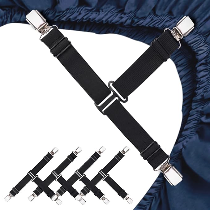 Upgrade Design Sheet Straps 4 PCS Bed Sheet Clips Adjustable Sheet Holders for Corners Fitted Sheet Clips Black