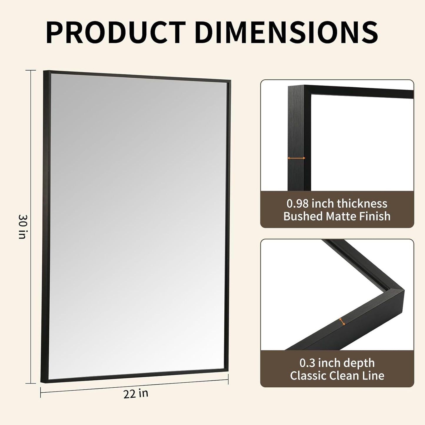 Matte Black Mirror, 22x30 Inch Aluminum Framed Rectangle Mirror, Anti-Rust, Tempered Glass, Square Corner Wall Mirror for Over Sink, Vanity, Bedroom, Entryway, Horizontal/Vertical