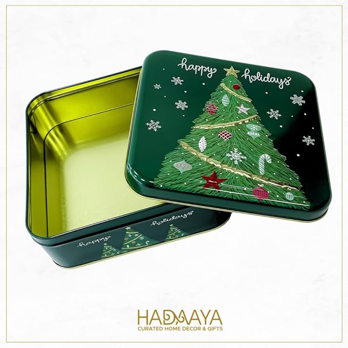 Metal Square Festive Christmas Cookie Tin with Embossed Lid for Gift Giving & Holiday Treats Multipurpose Container for Candy Snacks Holiday Christmas Party Decor Favor Gift Box GREEN GOLD XMAS TREE
