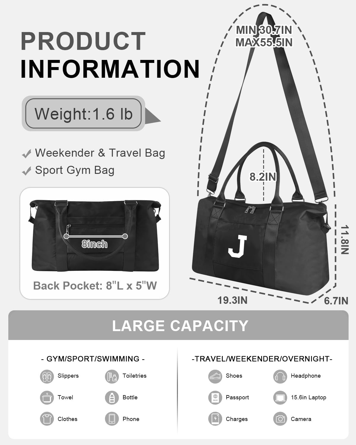 Initial Travel Duffel Bag Sports Gym Bag for Boys Teen Birthday Gifts,Black Personalized Weekender Bag Carry On Tote Bags for Men,Waterproof Overnight Luggage Bag Airplane Travel Essentials(Letter J)