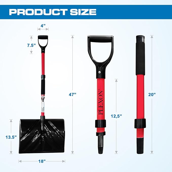 PLEXON Plastic Snow Shovel for Driveway Car Deck, Lightweight Heavy Duty Folding Collapsible Snow Pusher for Snow Removal, Home Garage, 47" Ergonomic Foldable, D-Grip Handle