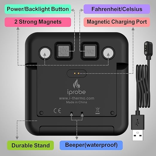 Dual Probe Digital Meat Thermometer - Waterproof, Rechargeable, Bright LCD, Magnetic, Suitable for BBQ, Grill, Smoker, and Oven