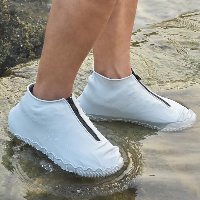 Waterproof Shoe Covers, Silicone Reusable Shoe Cover Non-slip Durable Zipper Elastic Rain Cover Protection for Men Women (M (Women 5-7, Men 5-6), Grey)