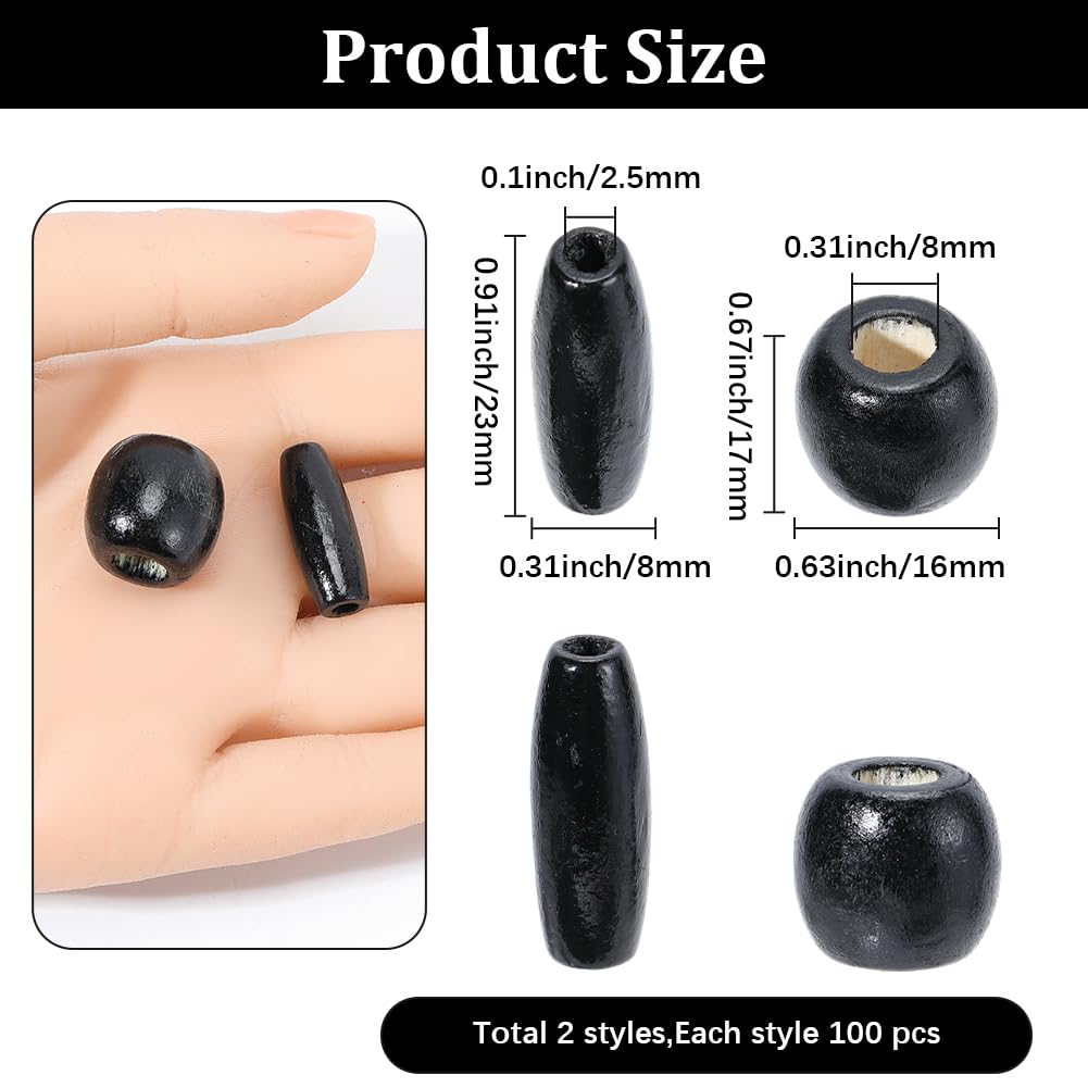 PONABEADIY 2 Styles 200PCS Natural Black Wooden Beads with Hole Oval Barrel Wood Handmade Dyed Macrame European Charms Loose Bead for Jewelry Making Bracelet Hair Braid Christmas DIY Crafts Supplies