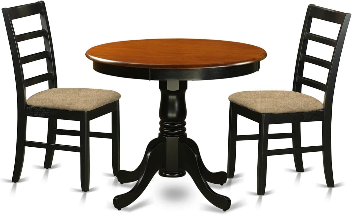 East West Furniture ANPF3-BLK-C 3 Piece Kitchen Table & Chairs Set Contains a Round Dining Room Table with Pedestal and 2 Linen Fabric Upholstered Chairs, 36x36 Inch, Black & Cherry