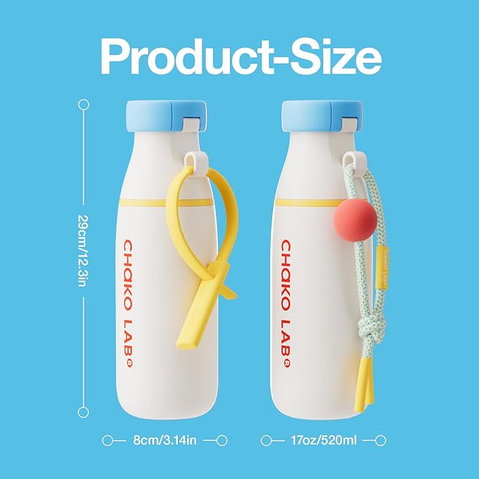 CHAKO LAB Insulated Stainless Steel Water Bottle with Two Strap | BPA-Free Leak Proof | 17oz Bottle with Spout Lid & Straw | Milk Pudding