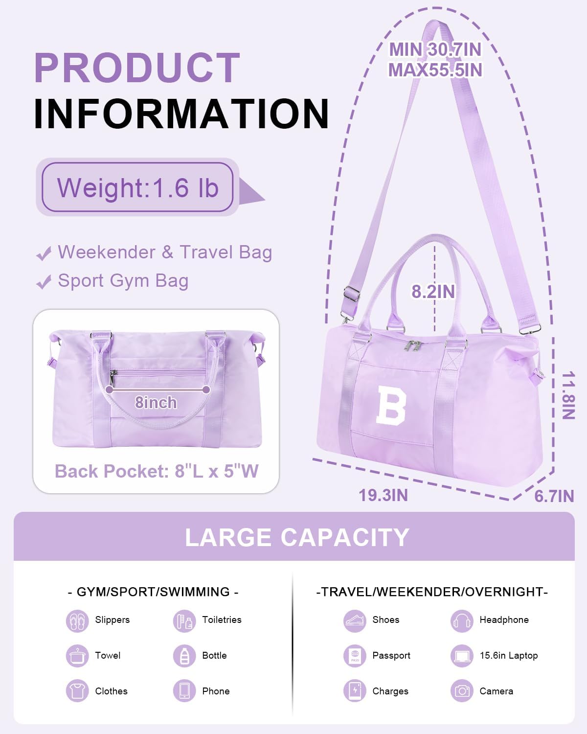 Daughter Niece Gifts for Teen Girl Kids, Initial Travel Duffel Bag Sports Gym Bag Personalized Gifts Weekender Bag，Monogram Overnight Bag Cute Dance Bag Birthday Bridesmaid Gifts for Women(Purple, B)