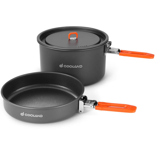Odoland Camping Cookware Mess Kit, Non-Stick Lightweight Camping Pot and Fry Pan Set with Mesh Bag for Backpacking, Outdoor Cooking and Picnic, for 3-4 People and More