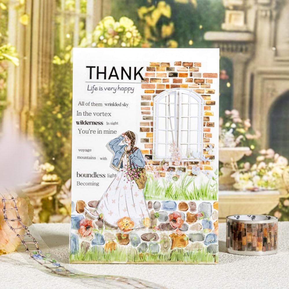 Landscape PET Tape Aesthetic Washi Tape Set Scrapbook Supplies Garden Path Fence Decorative Tape Green Plants Brick Wall Washi Tape Stickers Decorative Collage PET Stickers For Journaling Supplies