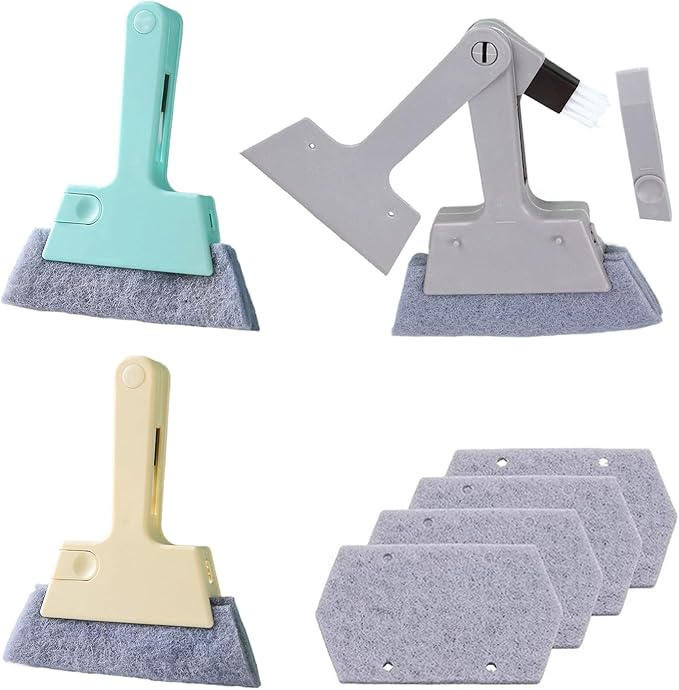 Window Track Cleaner Tool, 3Pcs 4-in-1 Groove Cleaning Brush (with Bristle Brush, Gap Dustpan, Scraper) + 4pcs Replacement Cloth, Washable Cleaning Gadgets for Sliding Door, Sill, Car Vents